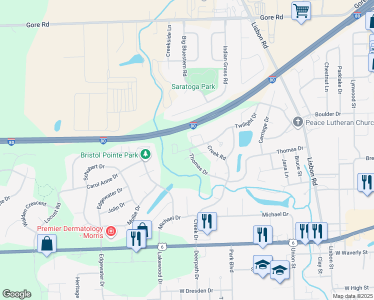 map of restaurants, bars, coffee shops, grocery stores, and more near 1162 Oak Grove Court in Morris