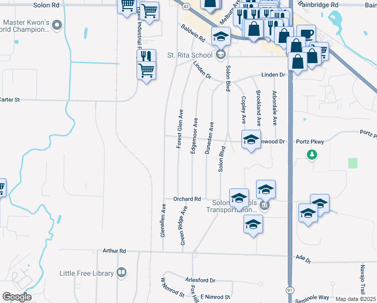 map of restaurants, bars, coffee shops, grocery stores, and more near 6681 Forest Glen Avenue in Solon