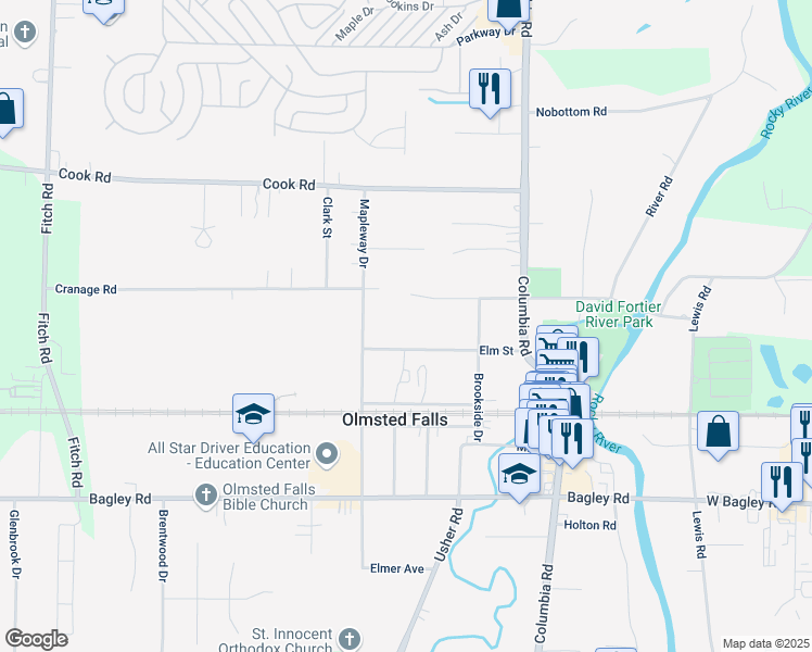 map of restaurants, bars, coffee shops, grocery stores, and more near 25920 Elm Street in Olmsted Falls