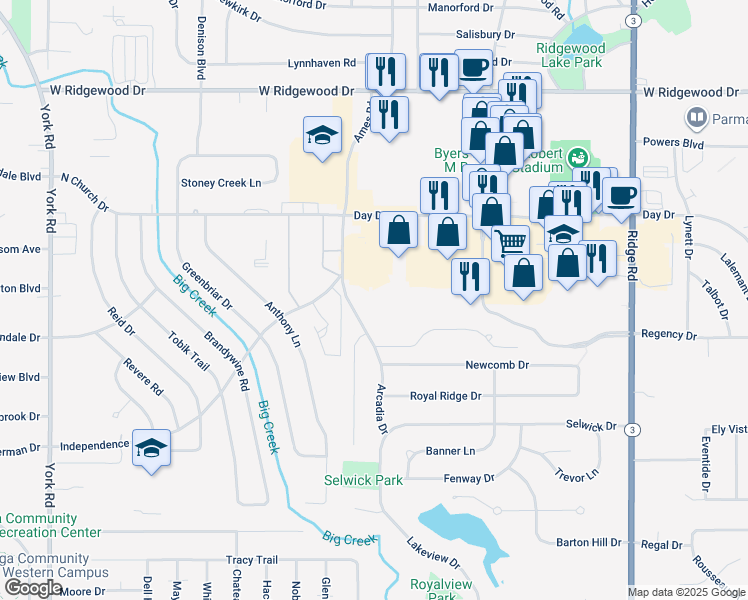 map of restaurants, bars, coffee shops, grocery stores, and more near 6871 Ames Road in Parma