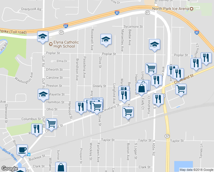 map of restaurants, bars, coffee shops, grocery stores, and more near 198 Bellfield Avenue in Elyria