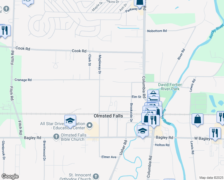 map of restaurants, bars, coffee shops, grocery stores, and more near 25920 Elm Street in Olmsted Falls