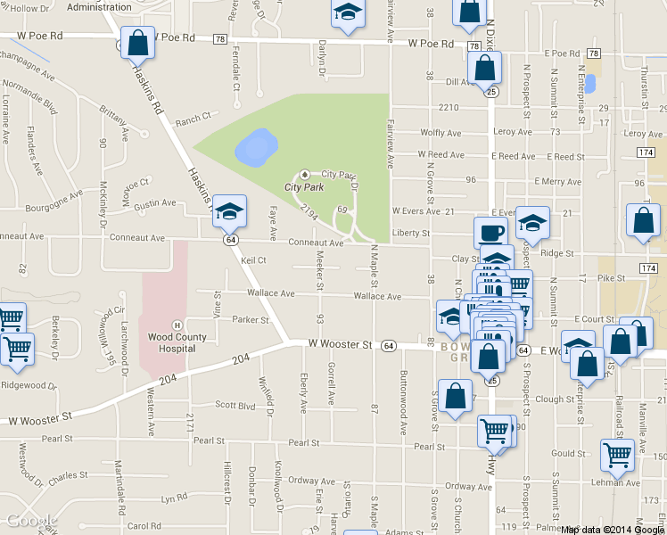 map of restaurants, bars, coffee shops, grocery stores, and more near Morton Avenue in Bowling Green