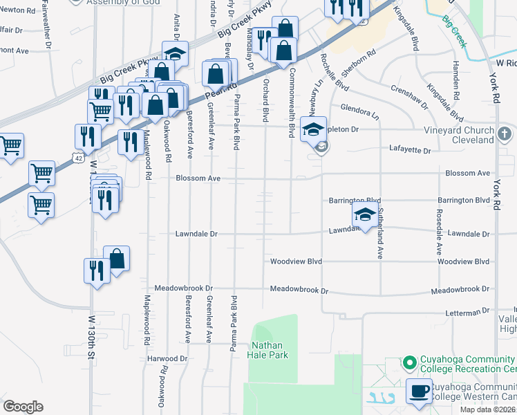 map of restaurants, bars, coffee shops, grocery stores, and more near 6853 Orchard Boulevard in Parma Heights