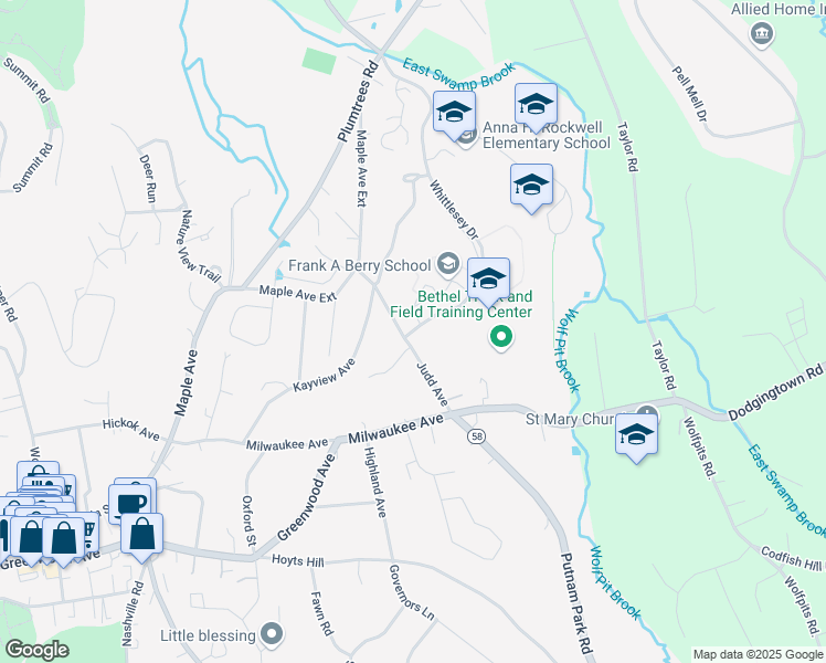 map of restaurants, bars, coffee shops, grocery stores, and more near 400 Whittlesey Drive in Bethel