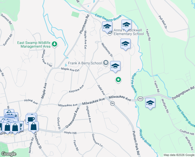 map of restaurants, bars, coffee shops, grocery stores, and more near 368 Whittlesey Drive in Bethel