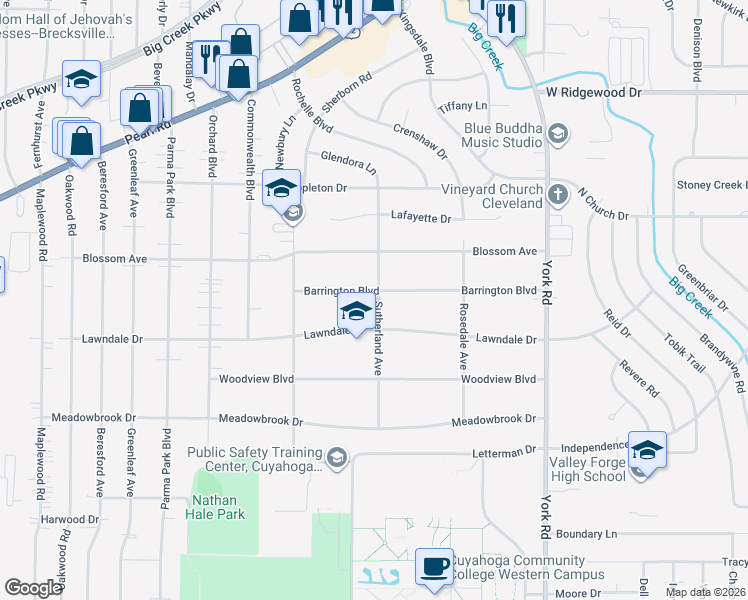 map of restaurants, bars, coffee shops, grocery stores, and more near 11318 Lawndale Drive in Parma Heights