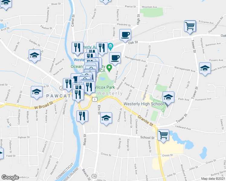 map of restaurants, bars, coffee shops, grocery stores, and more near in Westerly