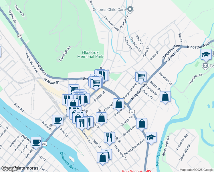 map of restaurants, bars, coffee shops, grocery stores, and more near 16 East Main Street in Port Jervis