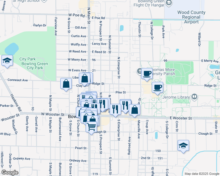map of restaurants, bars, coffee shops, grocery stores, and more near 305 North Summit Street in Bowling Green