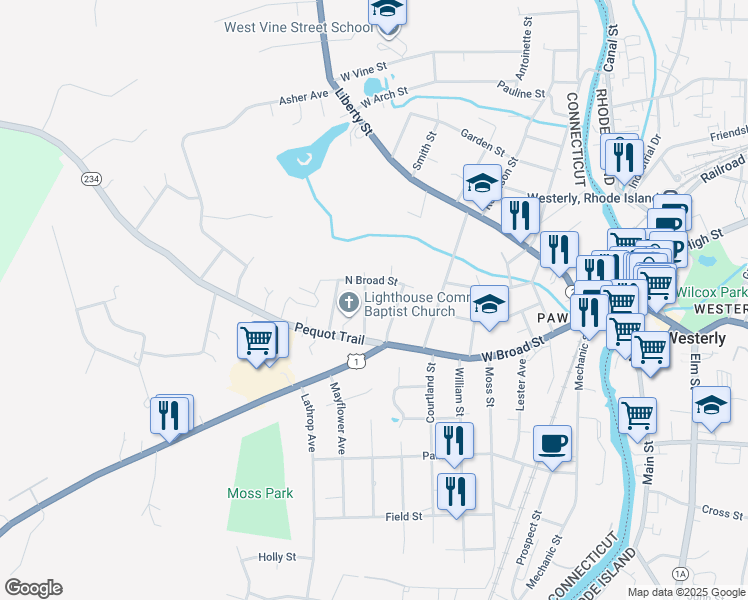 map of restaurants, bars, coffee shops, grocery stores, and more near 16 Wilcox Manor in Stonington