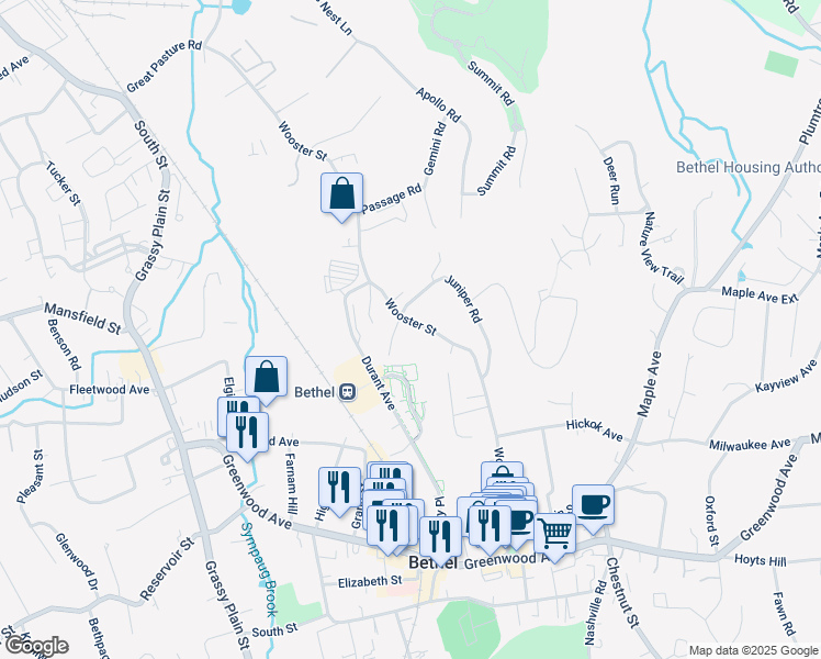map of restaurants, bars, coffee shops, grocery stores, and more near 70 Wooster Street in Bethel