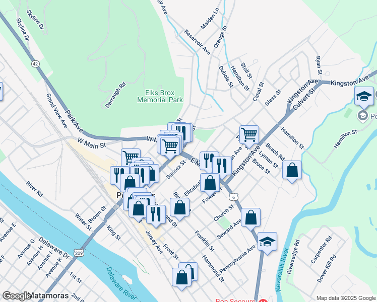 map of restaurants, bars, coffee shops, grocery stores, and more near 16 East Main Street in Port Jervis