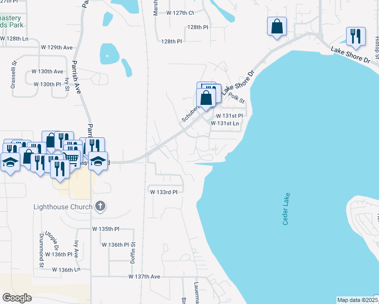 map of restaurants, bars, coffee shops, grocery stores, and more near 13240 Grimm Street in Cedar Lake