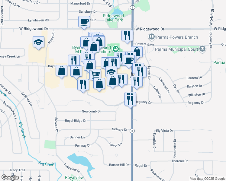 map of restaurants, bars, coffee shops, grocery stores, and more near 6860 Ridge Road in Parma