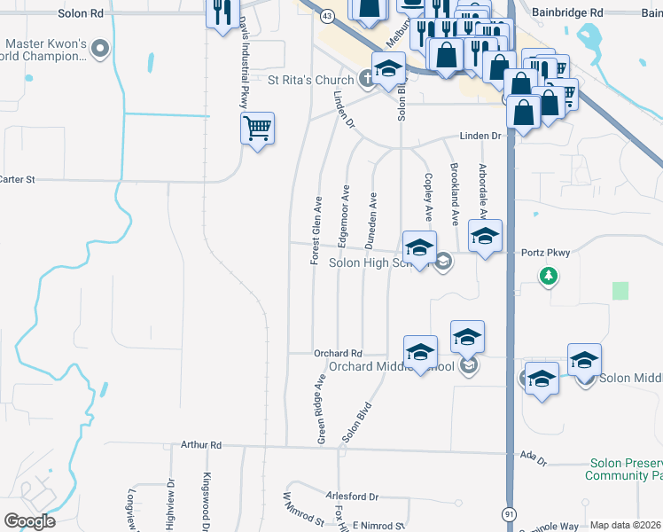 map of restaurants, bars, coffee shops, grocery stores, and more near 6681 Forest Glen Avenue in Solon