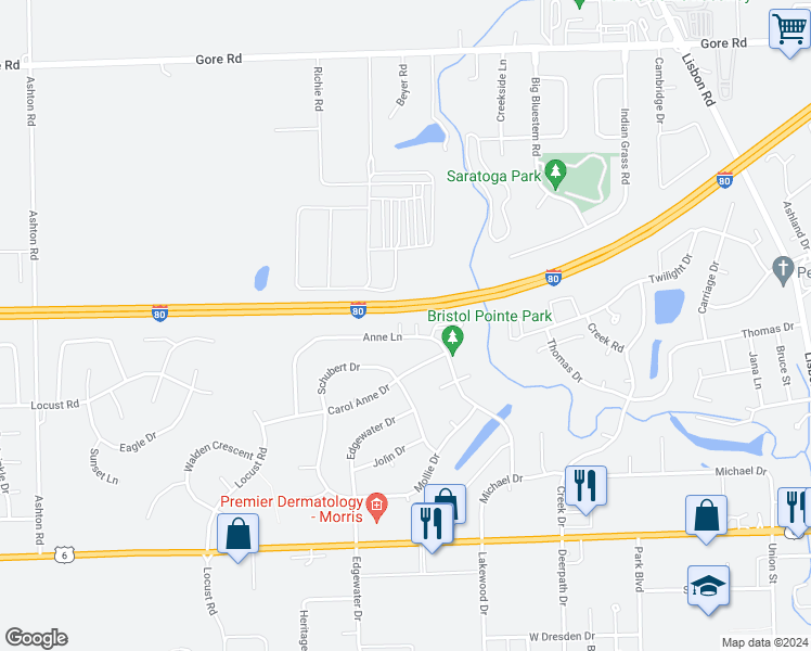 map of restaurants, bars, coffee shops, grocery stores, and more near 1887 Anne Lane in Morris