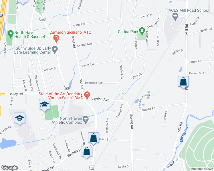 map of restaurants, bars, coffee shops, grocery stores, and more near 34 Tennyson Avenue in North Haven