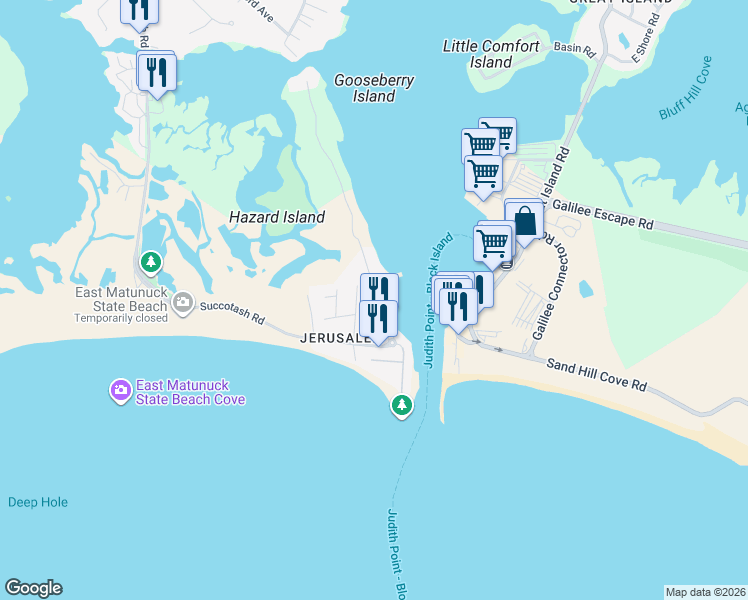 map of restaurants, bars, coffee shops, grocery stores, and more near 1171 Succotash Road in Narragansett