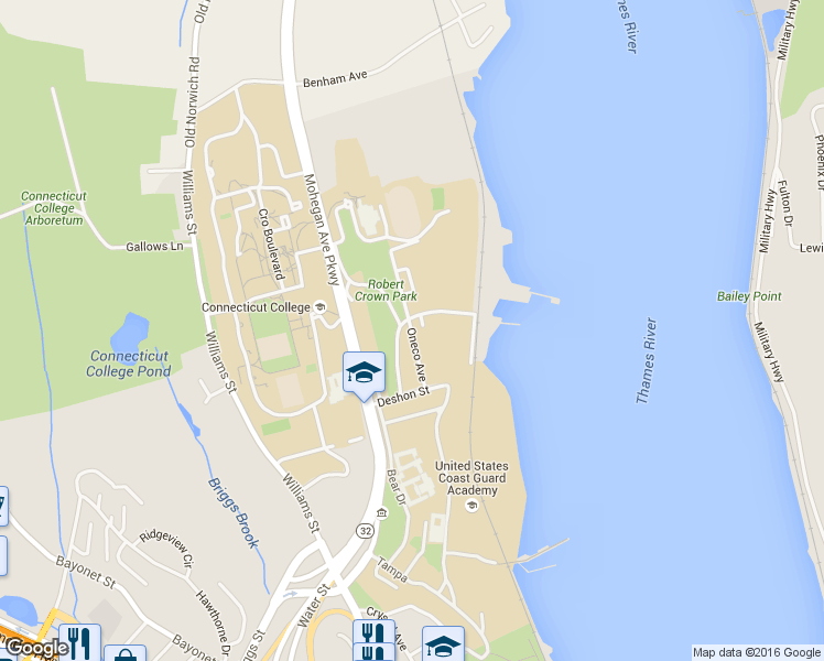 map of restaurants, bars, coffee shops, grocery stores, and more near 99 Oneco Avenue in New London