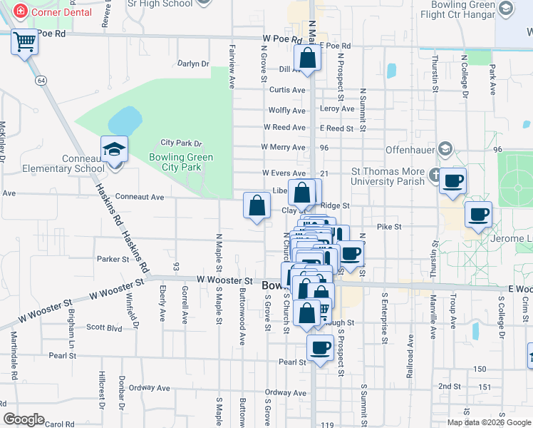 map of restaurants, bars, coffee shops, grocery stores, and more near 315 N Grove St in Bowling Green