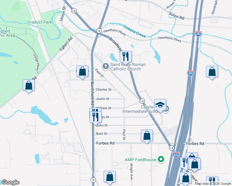map of restaurants, bars, coffee shops, grocery stores, and more near 133 Paul Street in Bedford