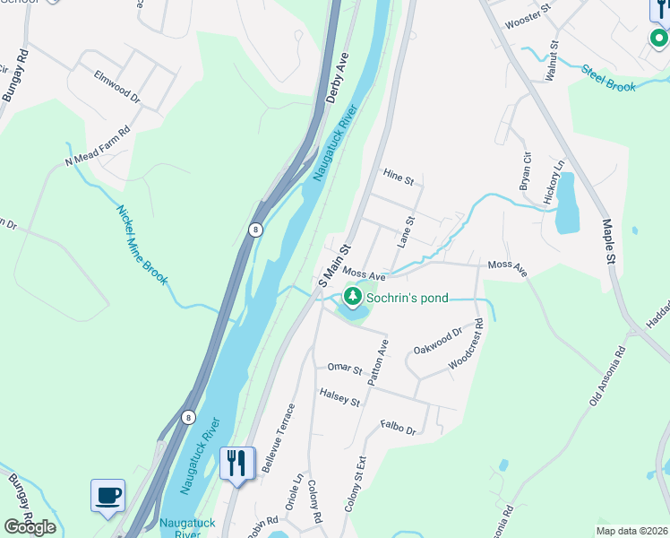 map of restaurants, bars, coffee shops, grocery stores, and more near 6 Moss Avenue in Seymour