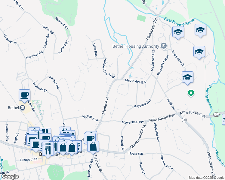 map of restaurants, bars, coffee shops, grocery stores, and more near 66 Maple Avenue in Bethel