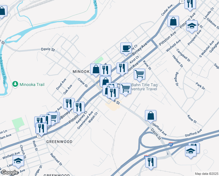 map of restaurants, bars, coffee shops, grocery stores, and more near 600 Davis St in Scranton
