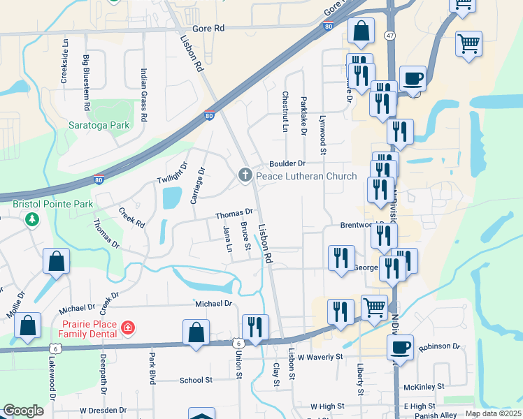 map of restaurants, bars, coffee shops, grocery stores, and more near 1901 Lisbon Road in Morris