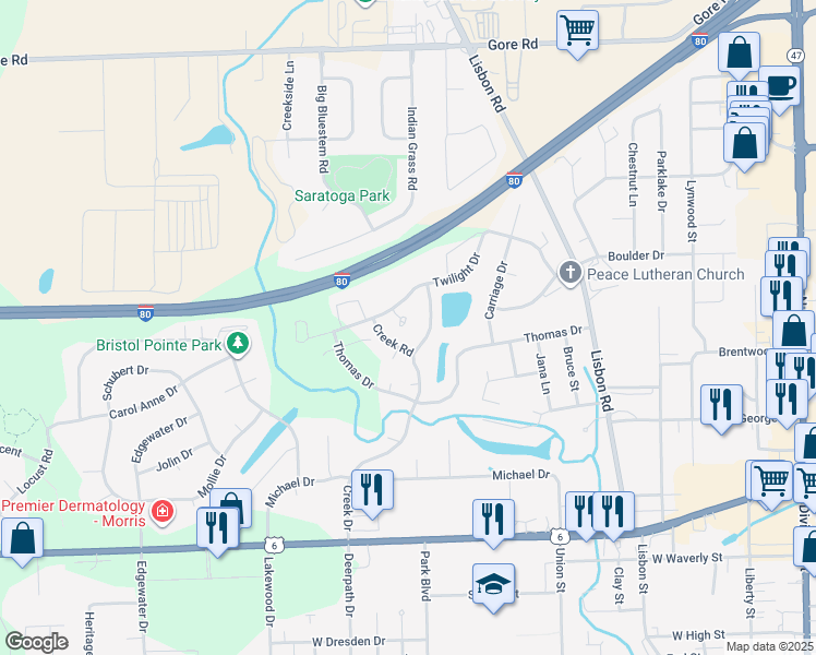 map of restaurants, bars, coffee shops, grocery stores, and more near 1095 Twilight Drive in Morris