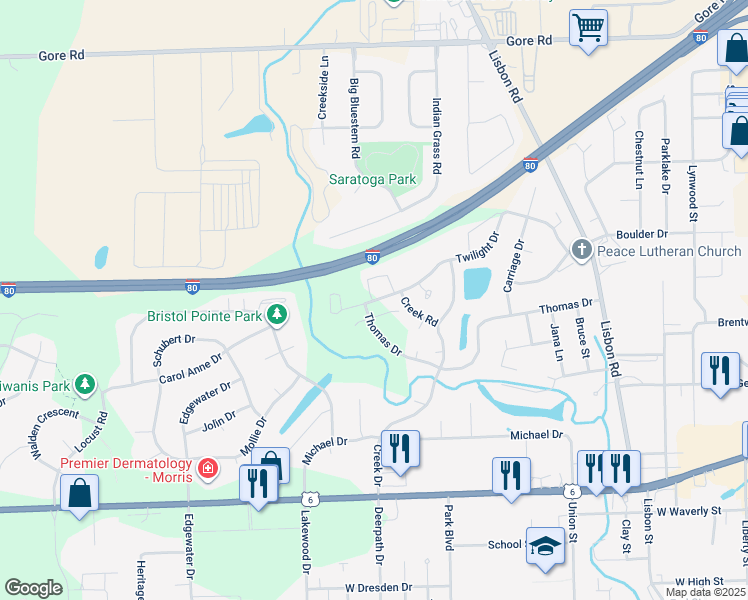 map of restaurants, bars, coffee shops, grocery stores, and more near 1162 Oak Grove Court in Morris