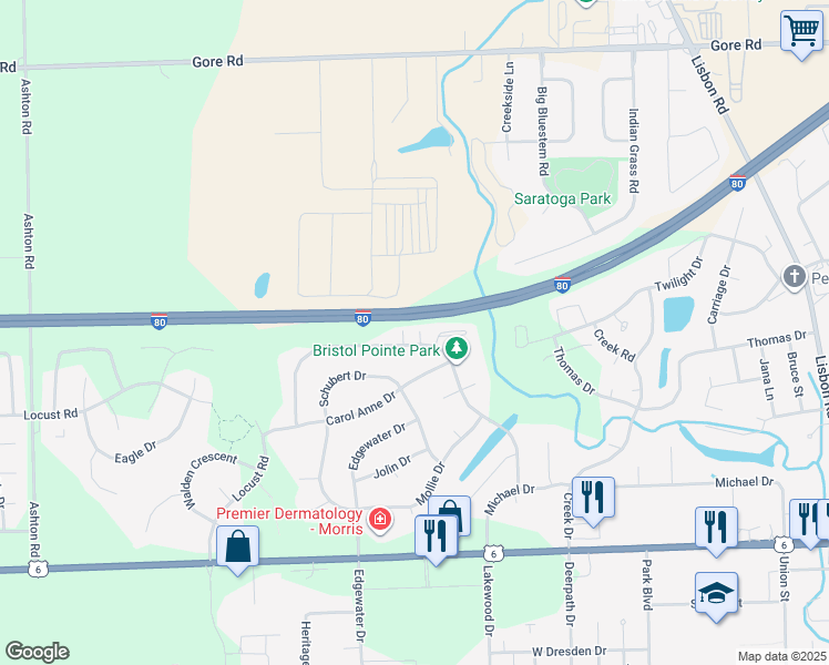 map of restaurants, bars, coffee shops, grocery stores, and more near 1846 Anne Lane in Morris