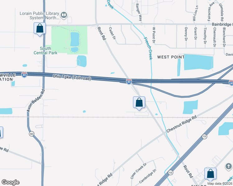 map of restaurants, bars, coffee shops, grocery stores, and more near 7864 Root Road in North Ridgeville