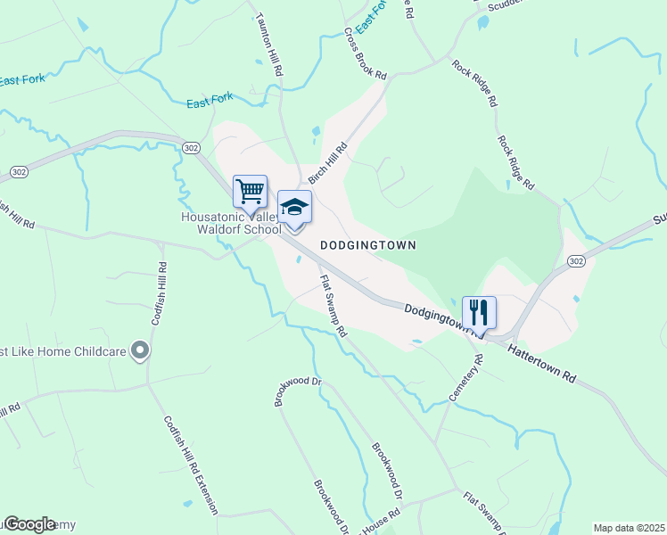 map of restaurants, bars, coffee shops, grocery stores, and more near 30 Dodgingtown Road in Newtown