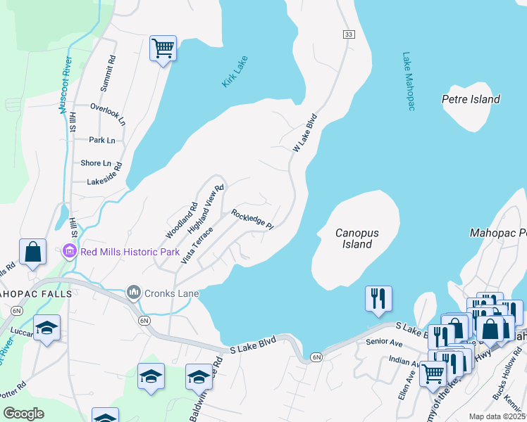 map of restaurants, bars, coffee shops, grocery stores, and more near in Mahopac