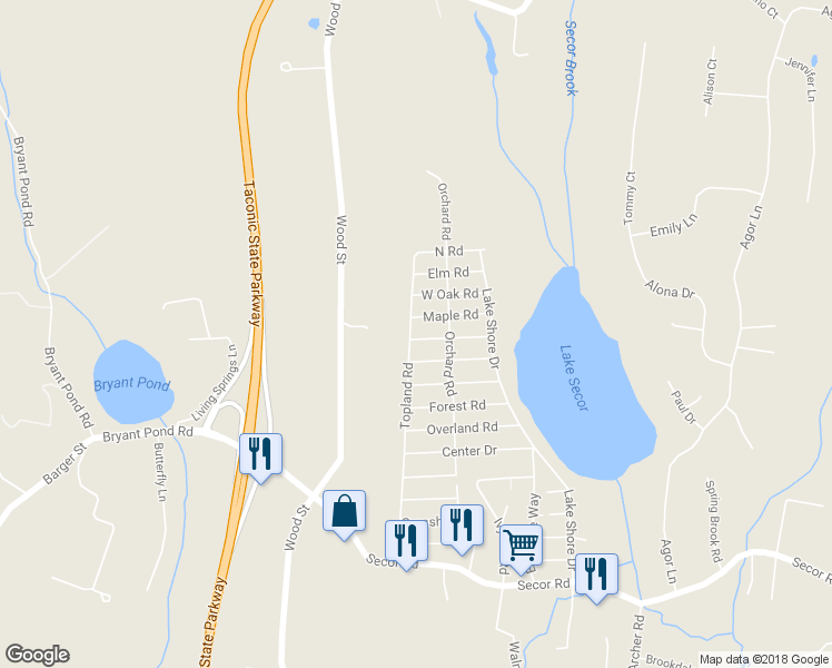 map of restaurants, bars, coffee shops, grocery stores, and more near 327 Birch Road in Mahopac