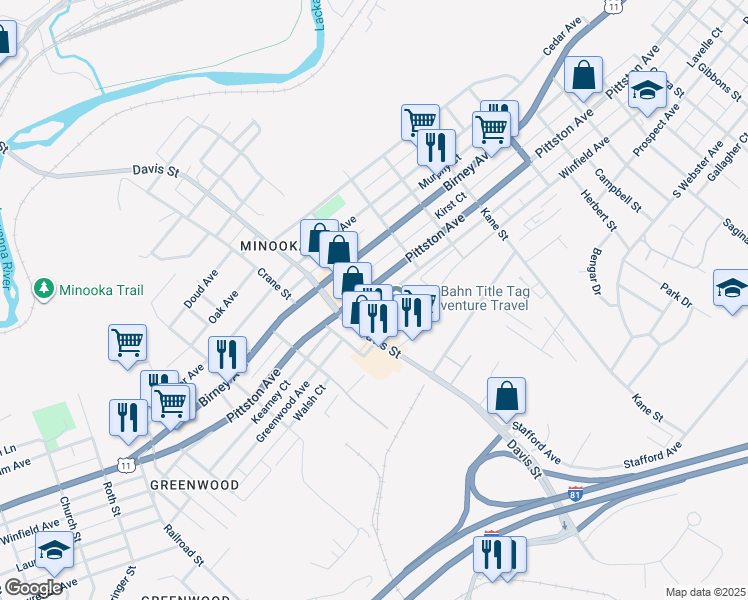 map of restaurants, bars, coffee shops, grocery stores, and more near Hamm Court in Scranton
