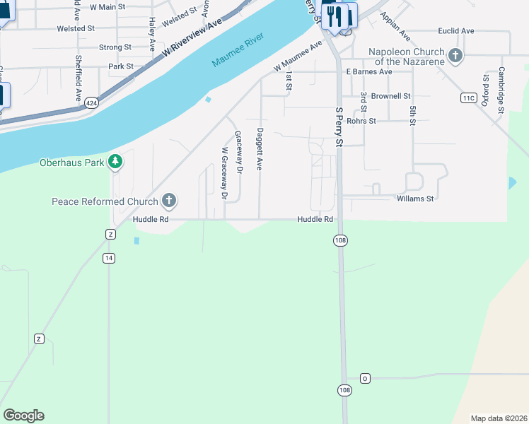 map of restaurants, bars, coffee shops, grocery stores, and more near 340 Huddle Road in Napoleon
