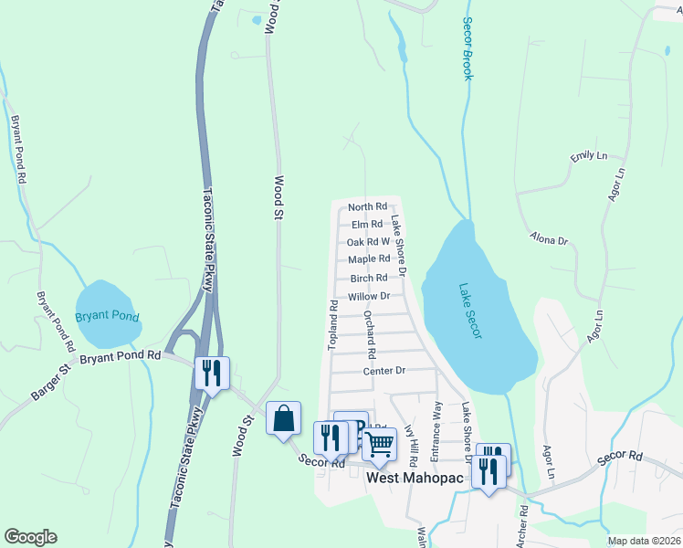 map of restaurants, bars, coffee shops, grocery stores, and more near 170 Topland Road in Mahopac