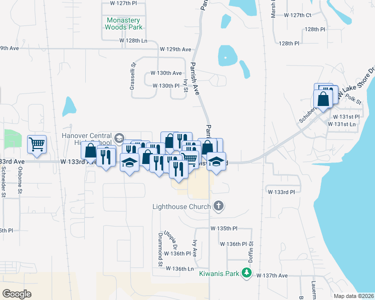 map of restaurants, bars, coffee shops, grocery stores, and more near 9720 W 133rd Ave in Cedar Lake