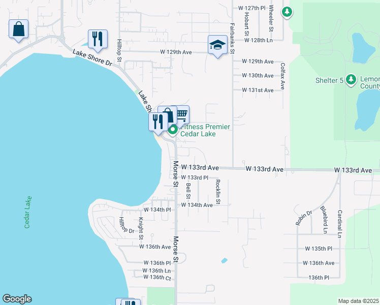 map of restaurants, bars, coffee shops, grocery stores, and more near 7120 West 133rd Avenue in Cedar Lake