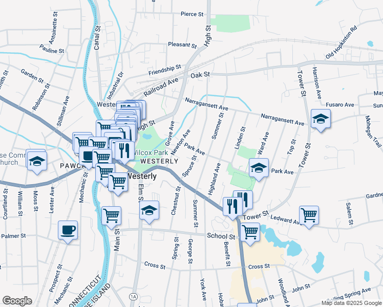 map of restaurants, bars, coffee shops, grocery stores, and more near 11 Spruce Street in Westerly