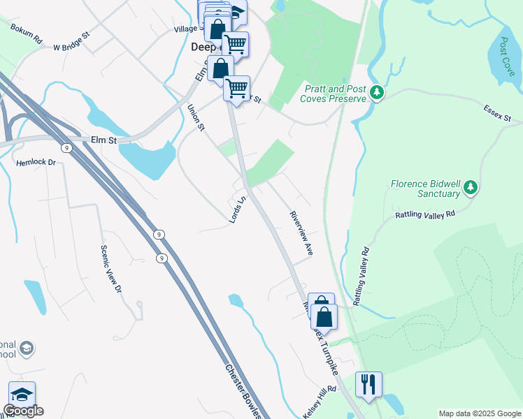 map of restaurants, bars, coffee shops, grocery stores, and more near 290 Main Street in Deep River