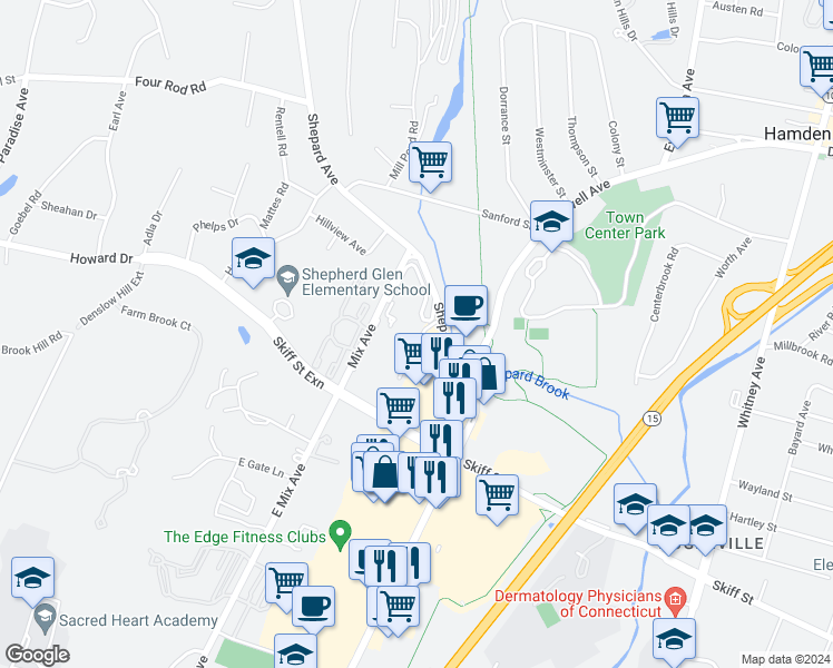 map of restaurants, bars, coffee shops, grocery stores, and more near 2 Skiff Street in Hamden