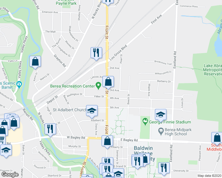 map of restaurants, bars, coffee shops, grocery stores, and more near 25 4th Avenue in Berea