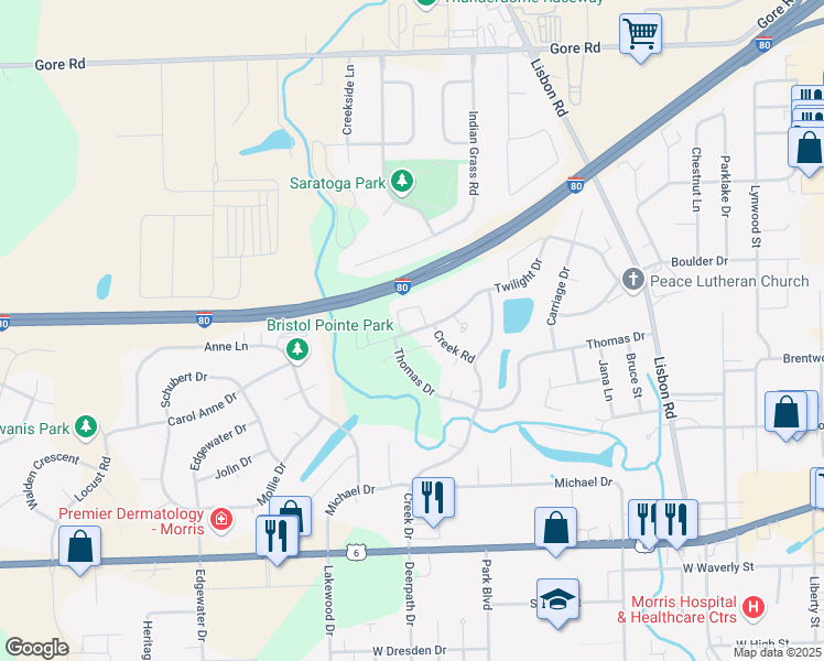 map of restaurants, bars, coffee shops, grocery stores, and more near 1162 Oak Grove Court in Morris