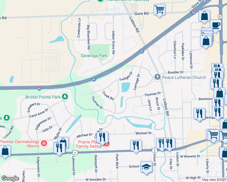 map of restaurants, bars, coffee shops, grocery stores, and more near 1095 Twilight Drive in Morris