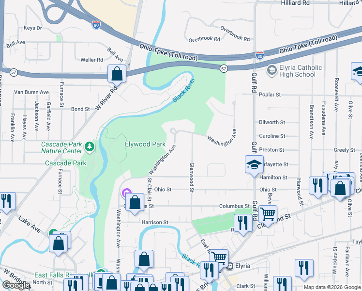 map of restaurants, bars, coffee shops, grocery stores, and more near 643 Washington Avenue in Elyria