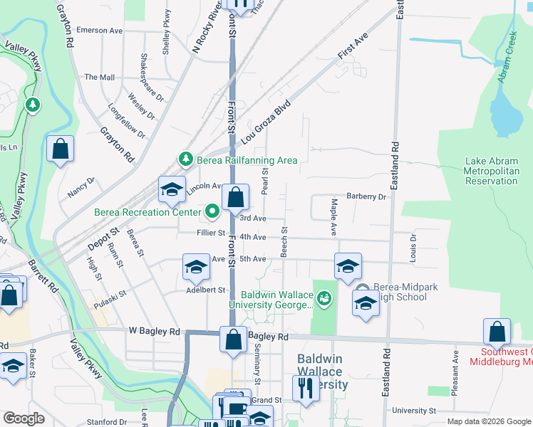 map of restaurants, bars, coffee shops, grocery stores, and more near 53 3rd Avenue in Berea